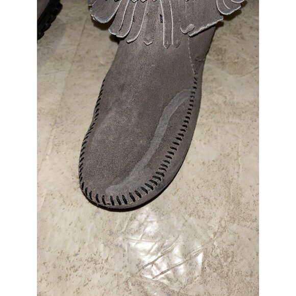 Minnetonka Double Fringe Gray Suede Moccasin Ankle Zip Booties Women 9.5 - Picture 9 of 9
